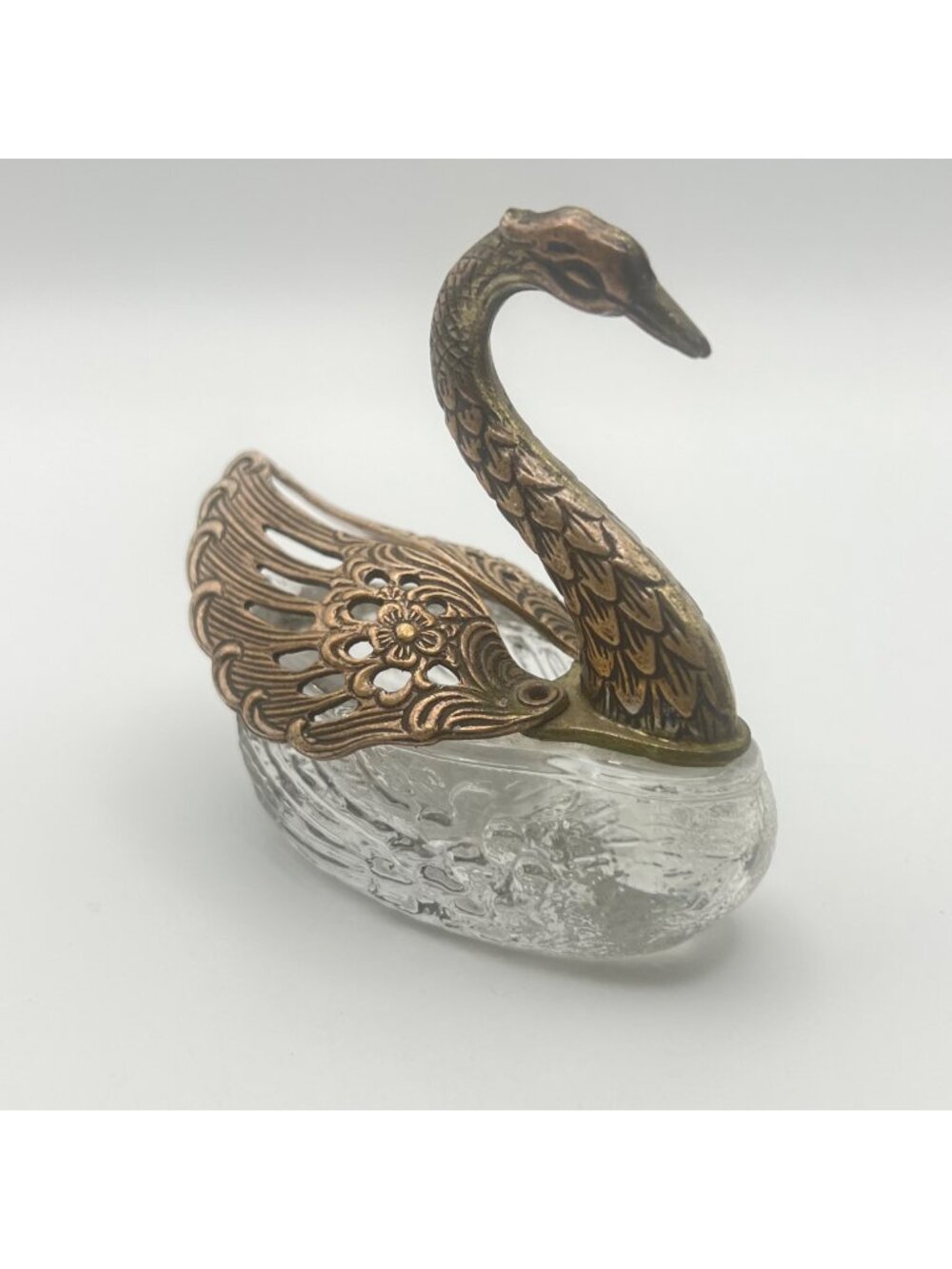 Vintage Glass Swan Ring Holder Trinket Dish Brass Tone Filigree Moving Wings